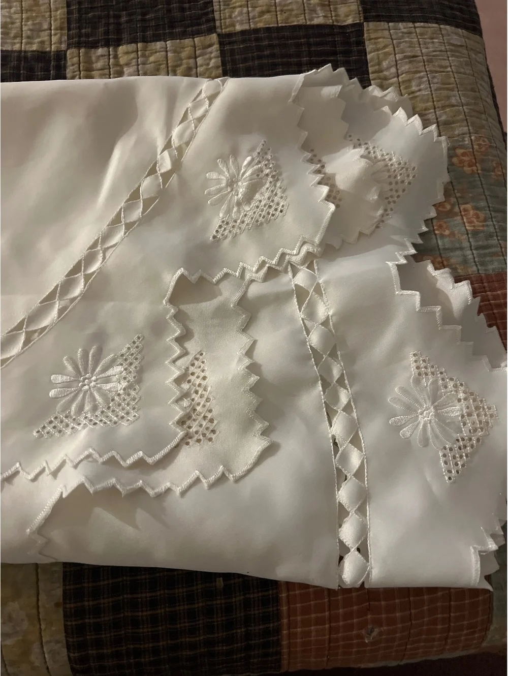 Vintage White Embroidered Tablecloth with Scalloped Edges